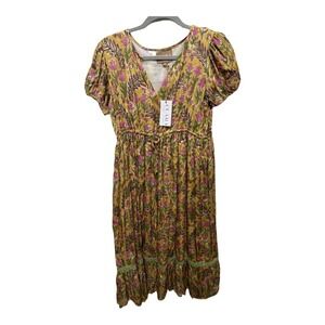 Clara the Label Boho Mustard Yellow Floral Maxi Dress Size XS NWT Cottages Core
